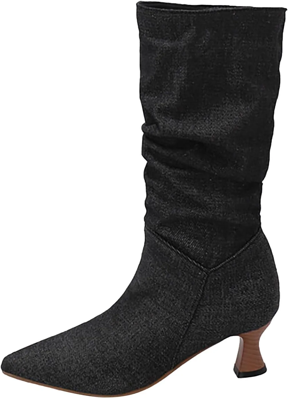 Women's Denim Mid-Calf Boots Western Cowboy Cowgirl Boots Sexy Pointed Toe Kitten Heel Boots Fashion Classic Dress Shoes Low Heeled Fall Boots Pull On Slouch Boot Ruched Wide Calf Boots