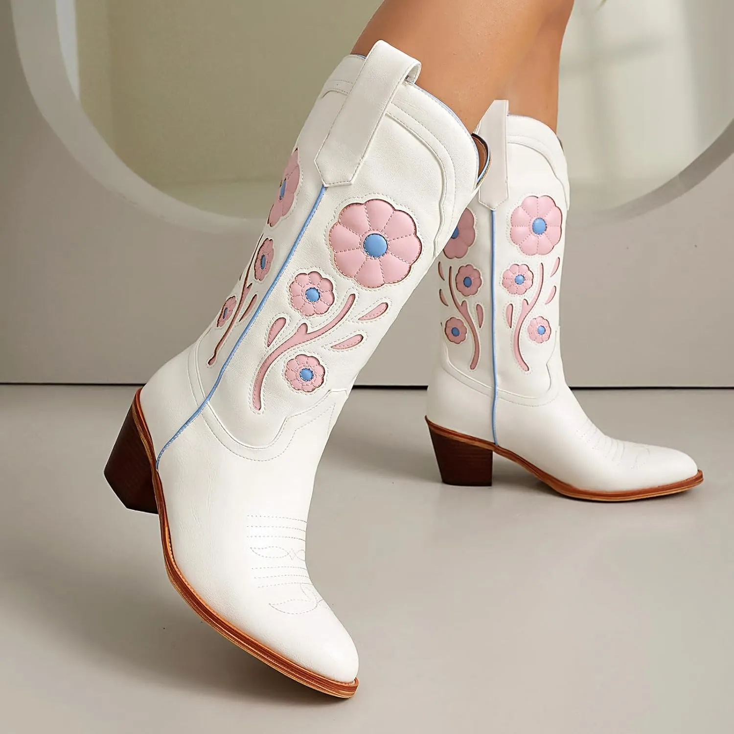 Womens Floral Cowboy Boots,Cute Mid Calf Flower Cowgirl Western Country Boot Pointed Toe Chunky Heel Shoes for Women.