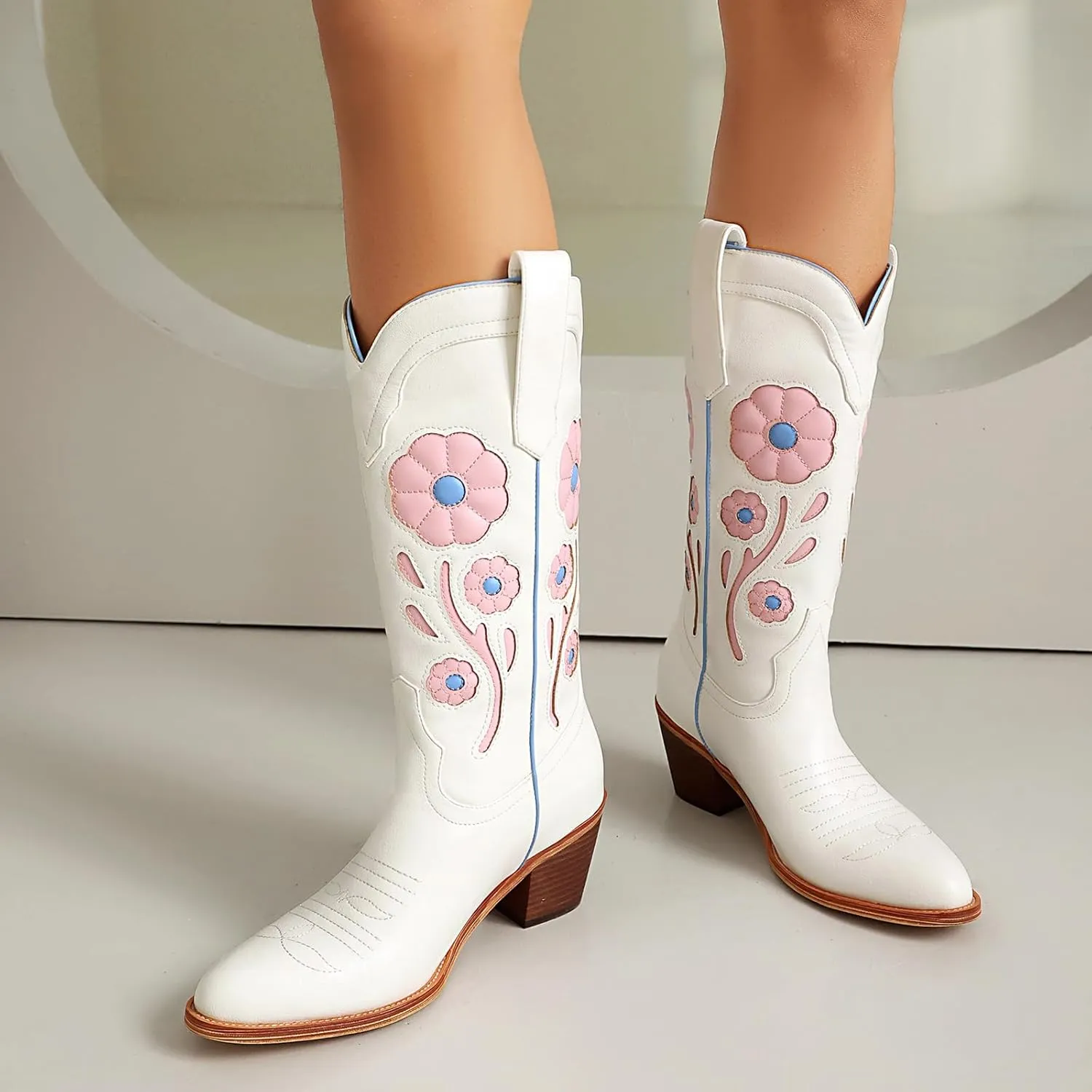 Womens Floral Cowboy Boots,Cute Mid Calf Flower Cowgirl Western Country Boot Pointed Toe Chunky Heel Shoes for Women.