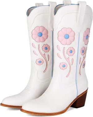Womens Floral Cowboy Boots,Cute Mid Calf Flower Cowgirl Western Country Boot Pointed Toe Chunky Heel Shoes for Women.