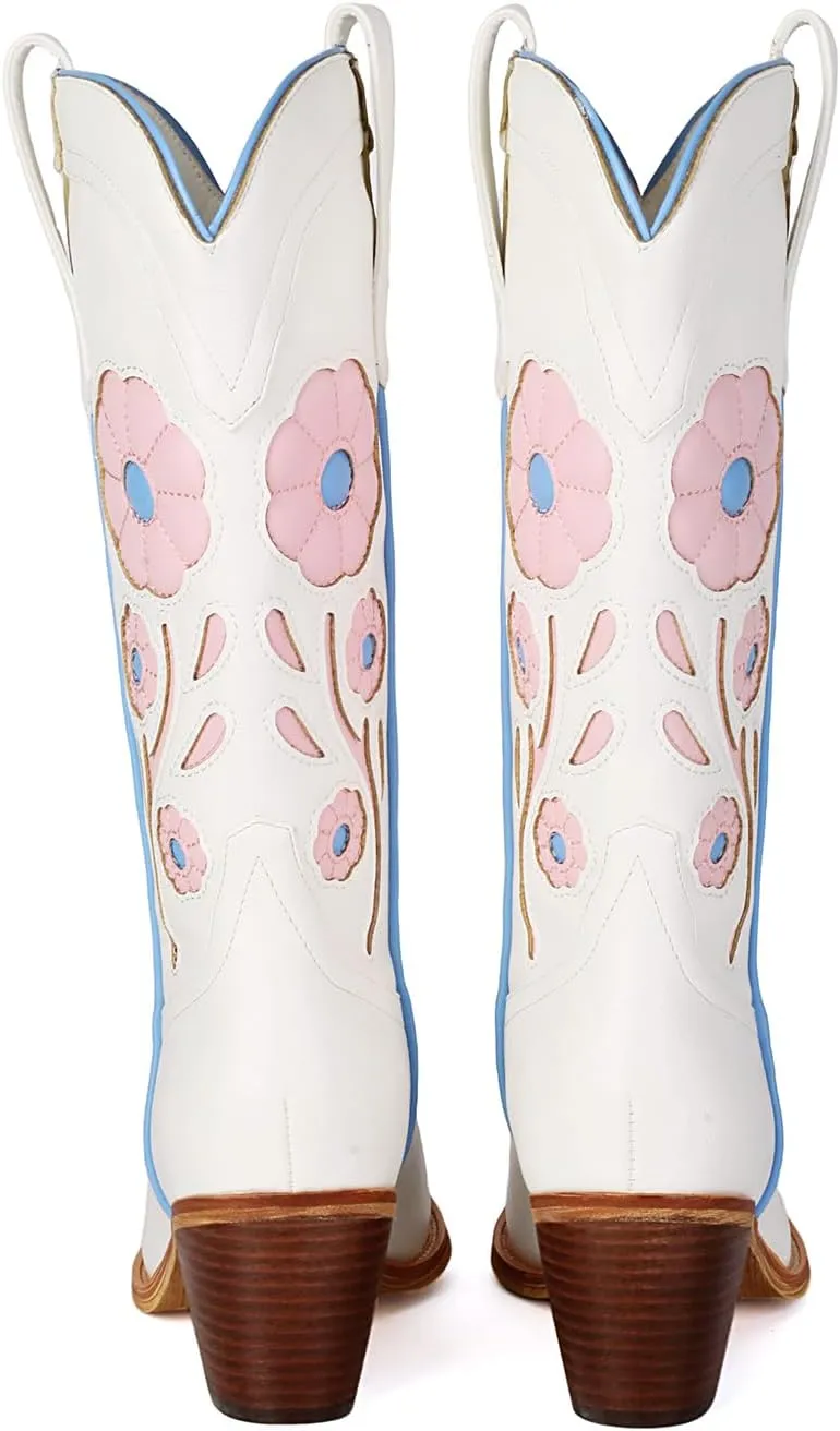 Womens Floral Cowboy Boots,Cute Mid Calf Flower Cowgirl Western Country Boot Pointed Toe Chunky Heel Shoes for Women.