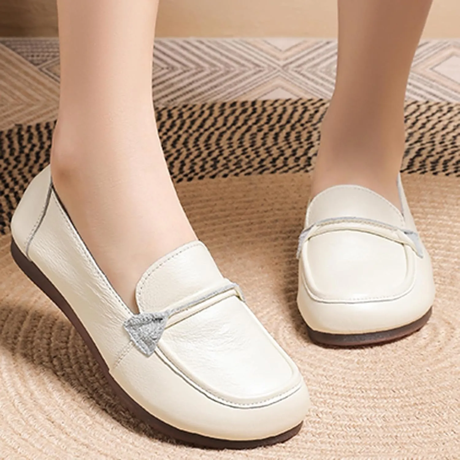 Women's Genuine Leather Slip-On Penny Loafers,Classic Round Toe Casual Walking Moccasin Flats,Comfortable Soft Sole Non-Slip Driving Work Shoes