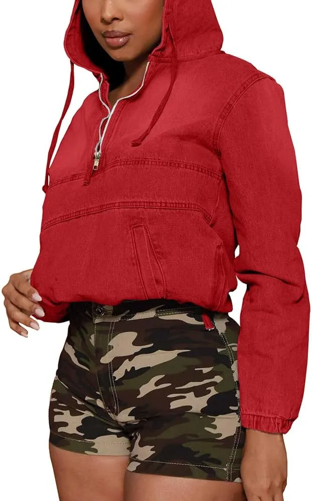 Women's Half Zip Denim Hoodie Pullover Jacket Jean Tops