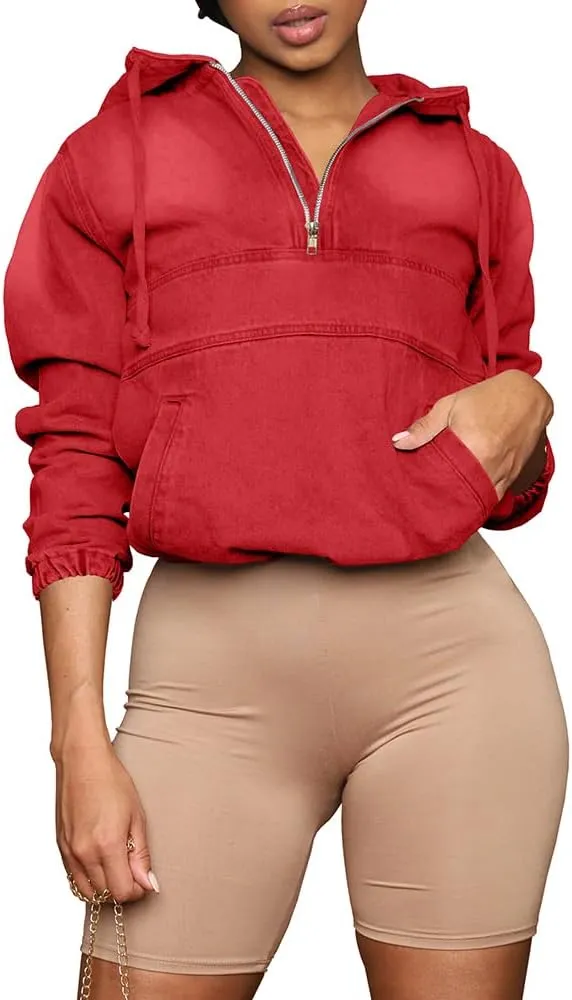 Women's Half Zip Denim Hoodie Pullover Jacket Jean Tops