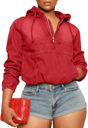 Women's Half Zip Denim Hoodie Pullover Jacket Jean Tops
