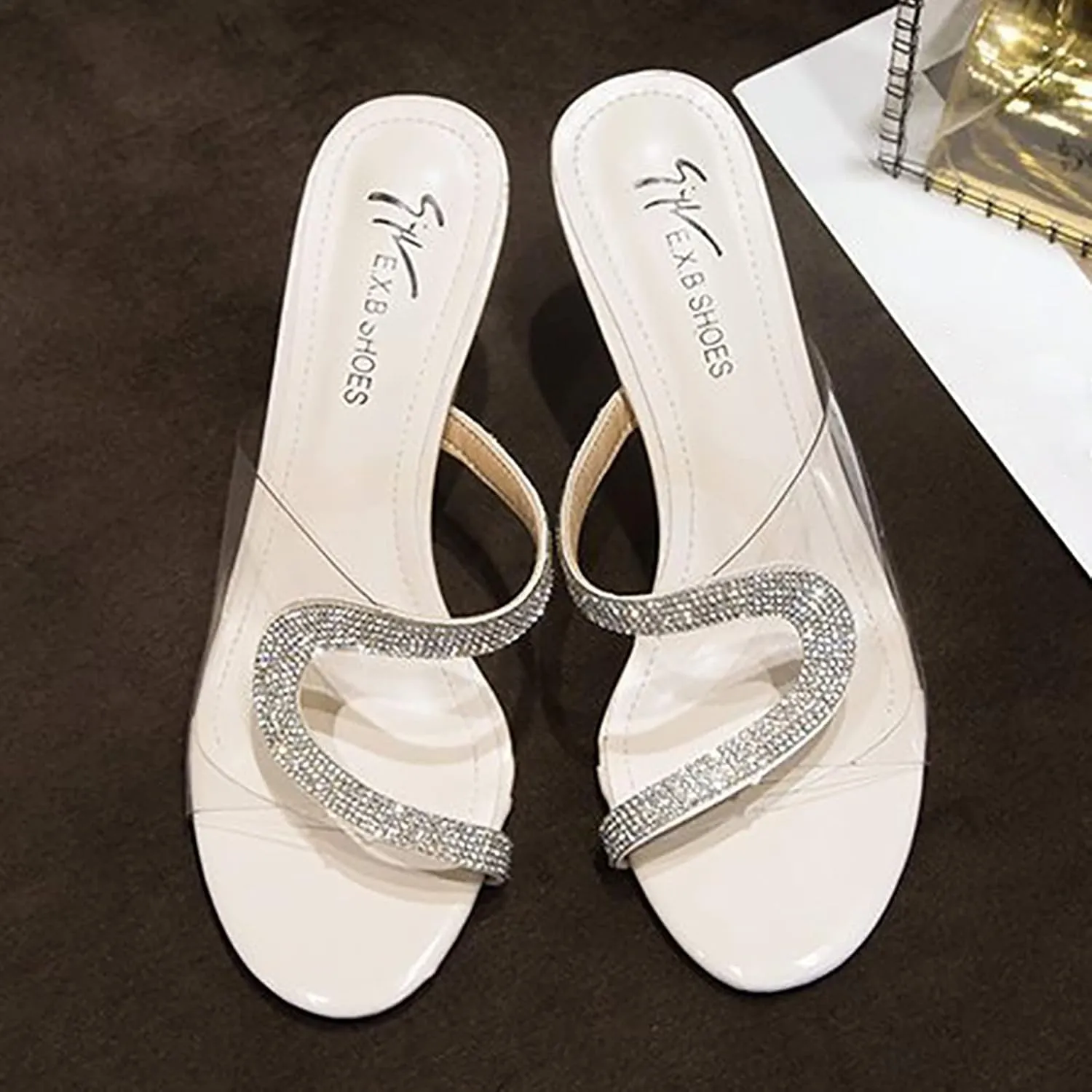 Women's Heeled Sandals Transparent Stiletto Mules Open Toe Slip on Dress Rhinestones Comfortable Slides Platform Sandal Fish Mouth Slippers High Sexy Block Heels Wedding Shoes for Party Daily Wear