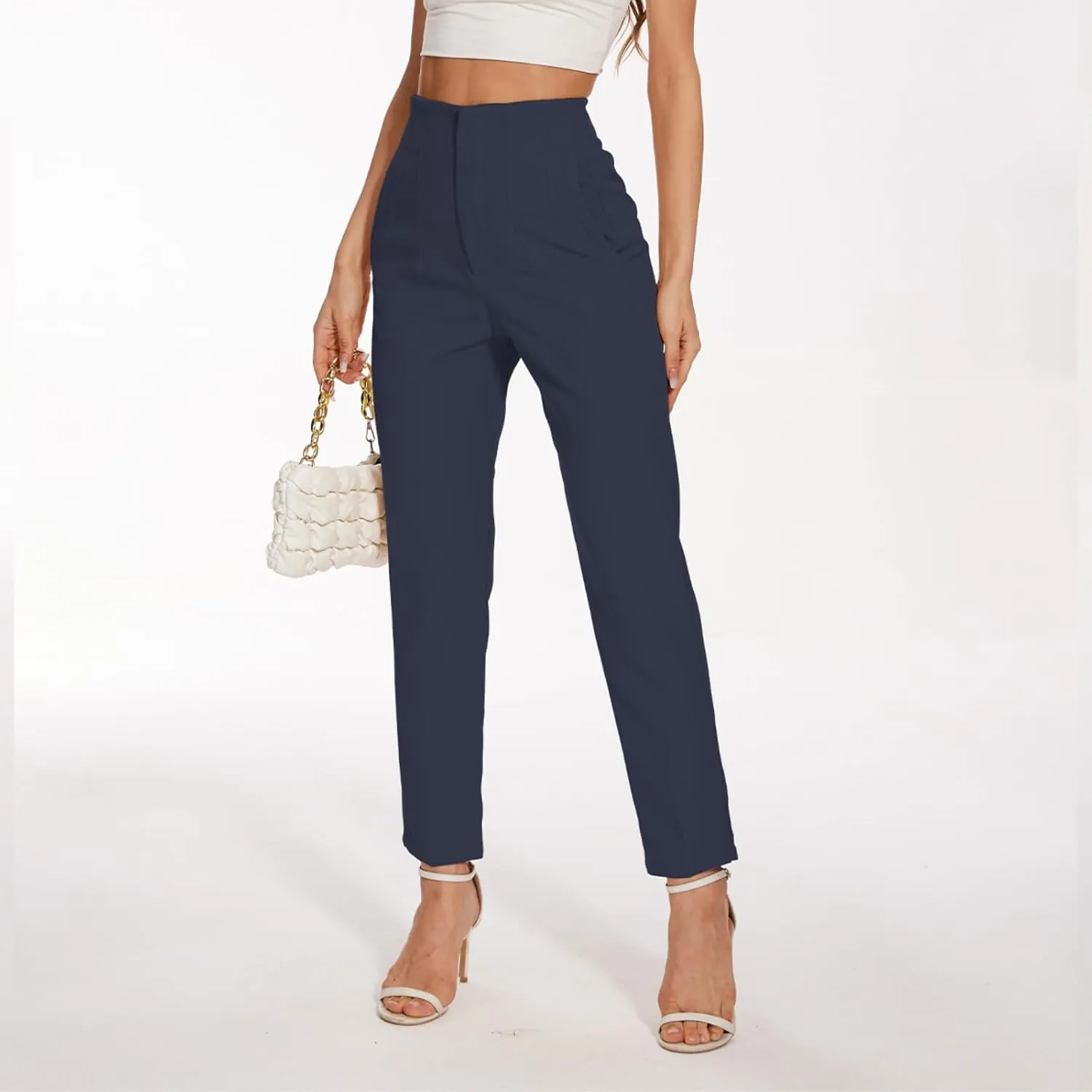 Women's High Waisted Pants - Straight Leg Dress Trousers with Pockets and Seam Design for Business Office Casual