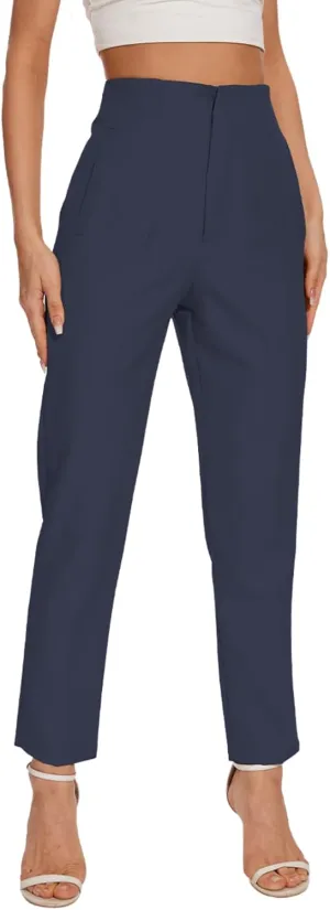 Women's High Waisted Pants - Straight Leg Dress Trousers with Pockets and Seam Design for Business Office Casual