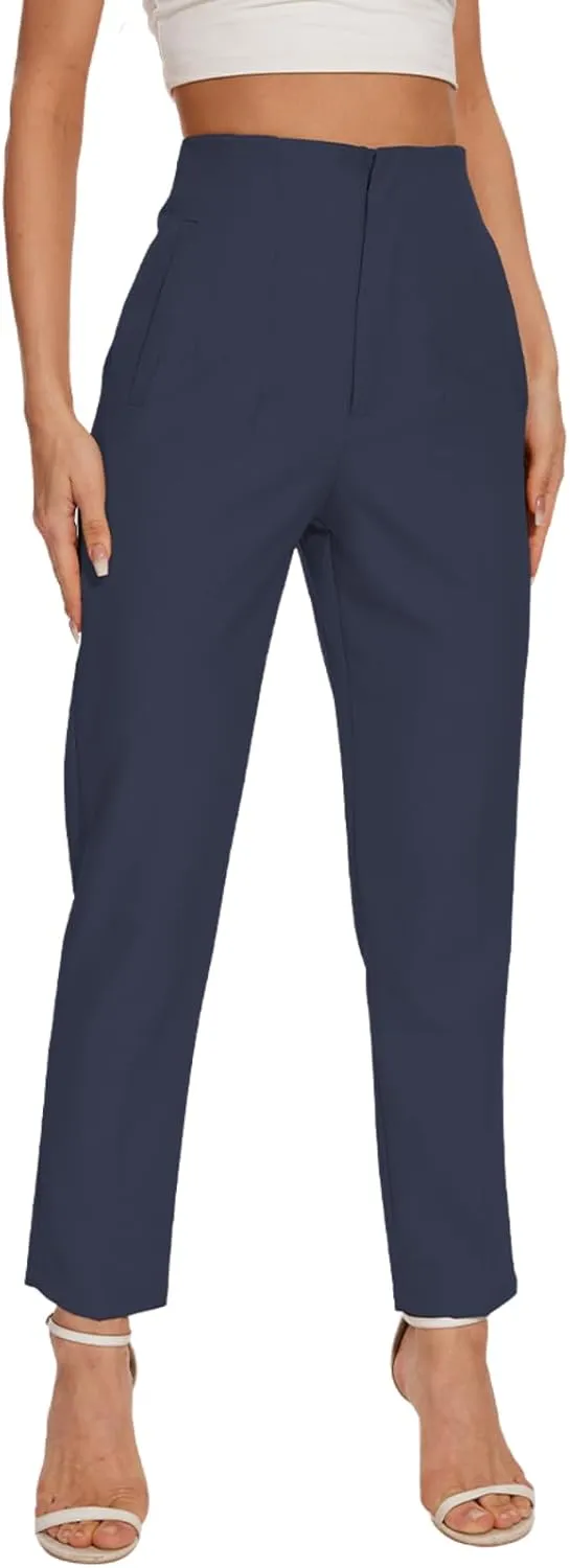 Women's High Waisted Pants - Straight Leg Dress Trousers with Pockets and Seam Design for Business Office Casual