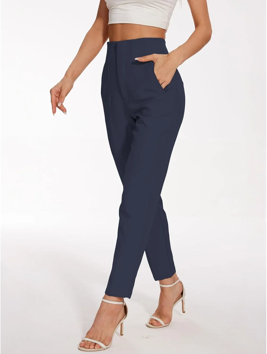 Women's High Waisted Pants - Straight Leg Dress Trousers with Pockets and Seam Design for Business Office Casual