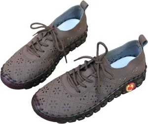 Women's Hollow Carved Soft Beef Tendon Sole Flat Shoes Fashion Leather Handmade Round Toe Lace Up Casual Loafers Comfort Breathable Orthopedic Walking Shoes