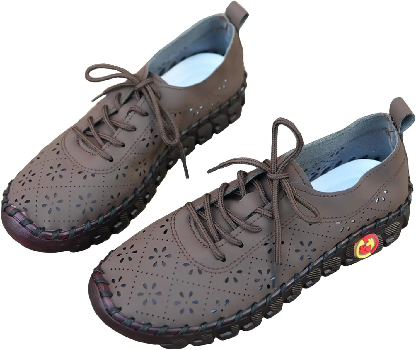 Women's Hollow Carved Soft Beef Tendon Sole Flat Shoes Fashion Leather Handmade Round Toe Lace Up Casual Loafers Comfort Breathable Orthopedic Walking Shoes