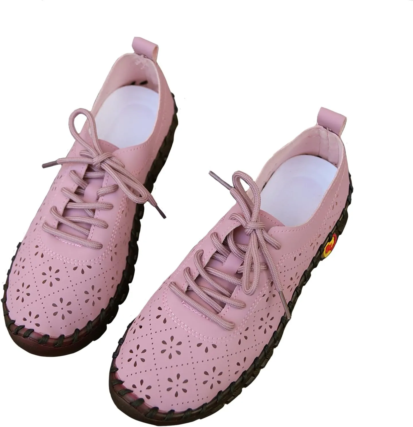 Women's Hollow Carved Soft Beef Tendon Sole Flat Shoes Fashion Leather Handmade Round Toe Lace Up Casual Loafers Comfort Breathable Orthopedic Walking Shoes