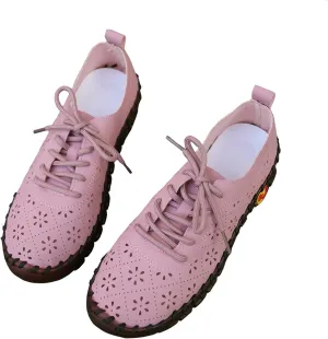 Women's Hollow Carved Soft Beef Tendon Sole Flat Shoes Fashion Leather Handmade Round Toe Lace Up Casual Loafers Comfort Breathable Orthopedic Walking Shoes
