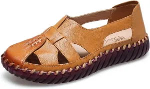 Women'S Hollow Leather Lace Up Flat Loafers,Lightweight Breathable Casual Comfort Non-Slip Walking Shoes Handmade Beef Tendon Soft Sole Mom Nurse Shoes