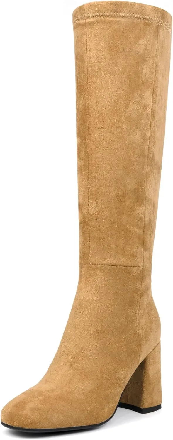Women's Knee High Boots Faux Leather Square To Tall Boots Fashion Chunky Block Heel Long Boots with Side Zip