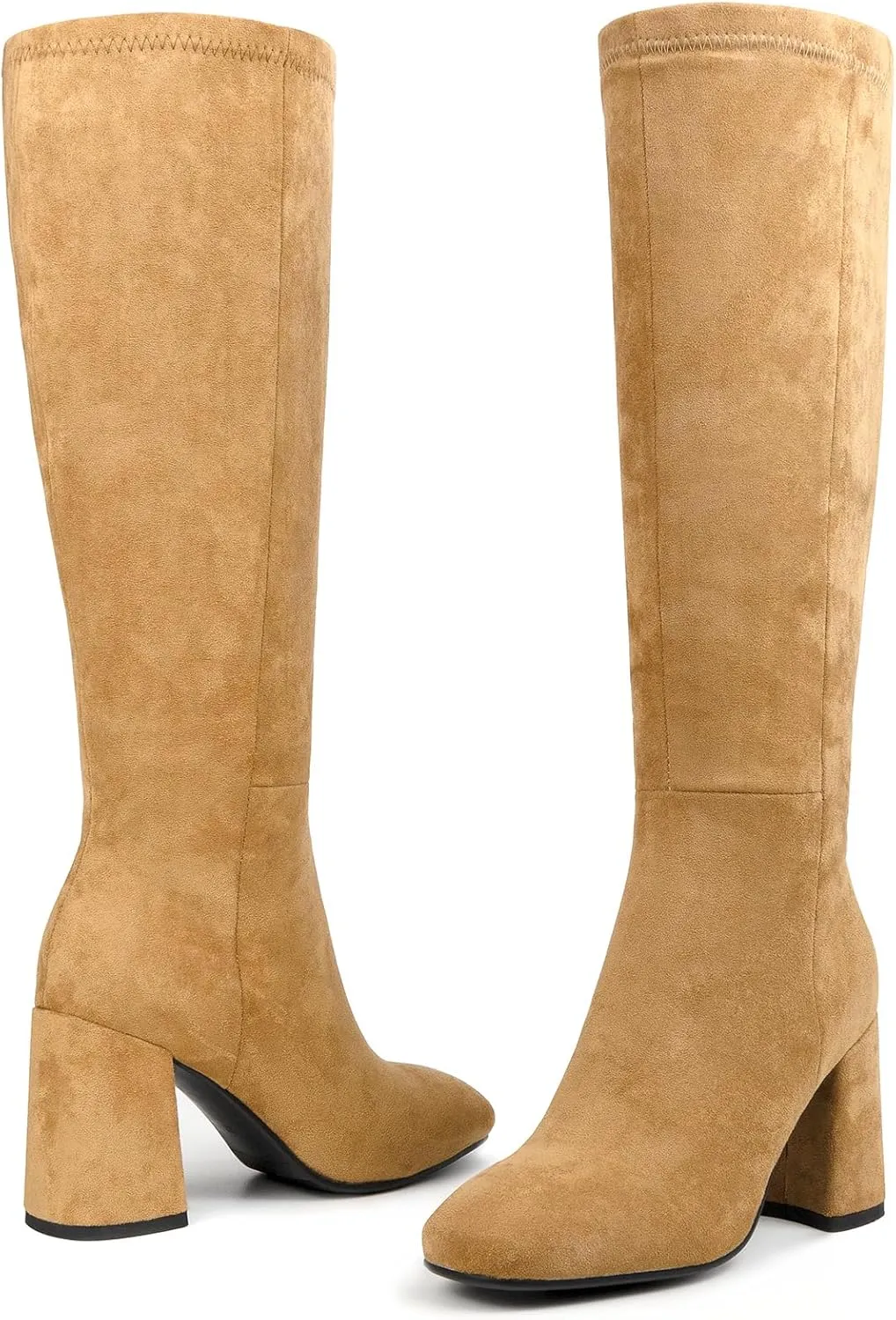 Women's Knee High Boots Faux Leather Square To Tall Boots Fashion Chunky Block Heel Long Boots with Side Zip