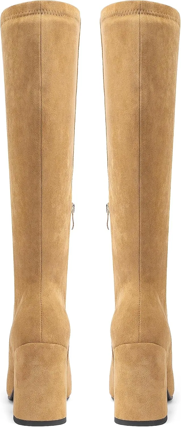 Women's Knee High Boots Faux Leather Square To Tall Boots Fashion Chunky Block Heel Long Boots with Side Zip