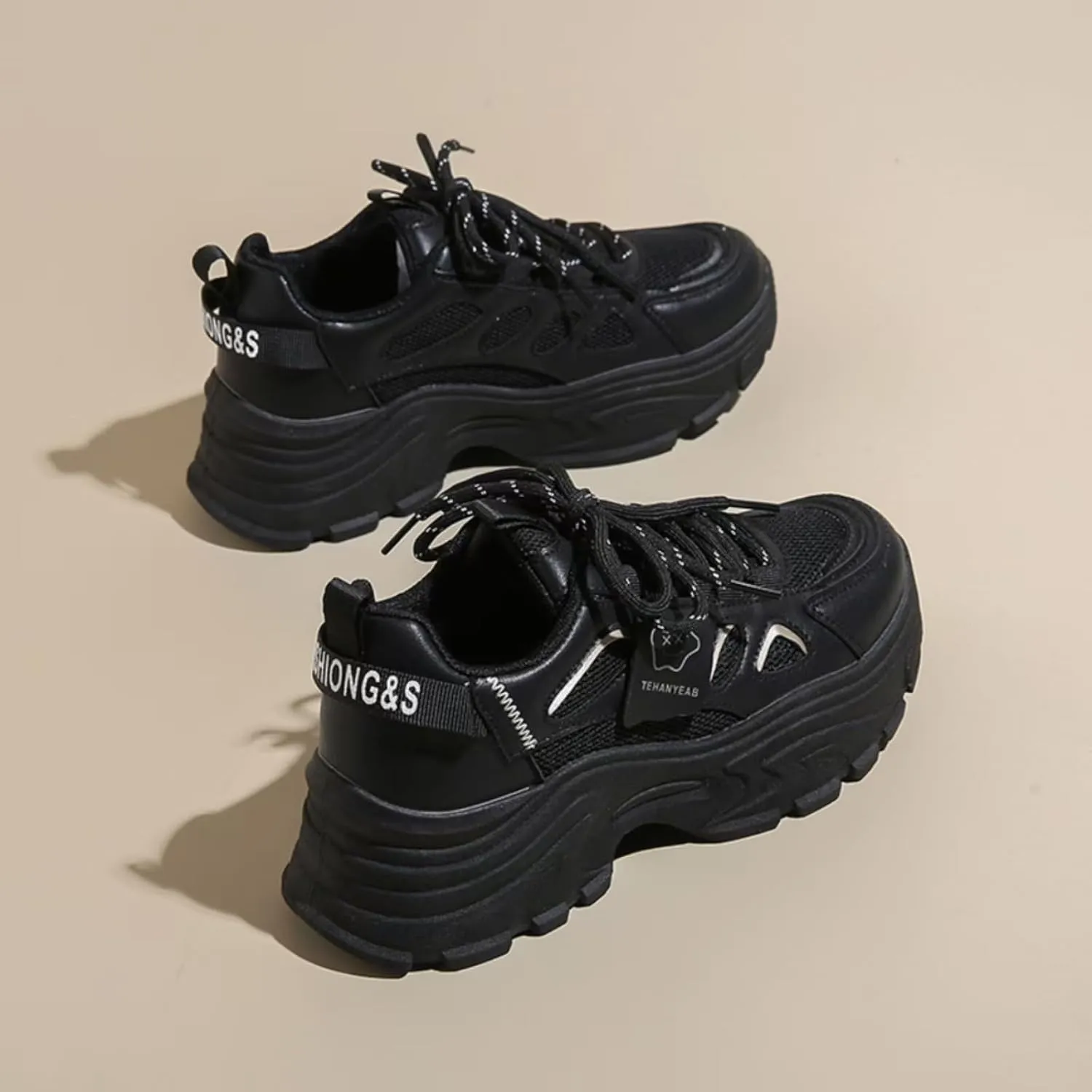 Womens Leather Lace Up Chunky Sneakers Fashion Platform Non-Slip Cute Shoes Casual Dad Walking Driving Travel Shoes