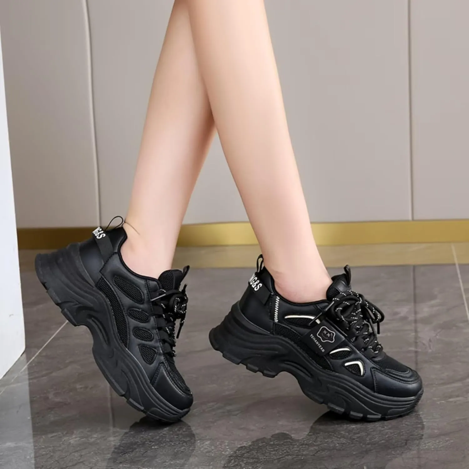 Womens Leather Lace Up Chunky Sneakers Fashion Platform Non-Slip Cute Shoes Casual Dad Walking Driving Travel Shoes