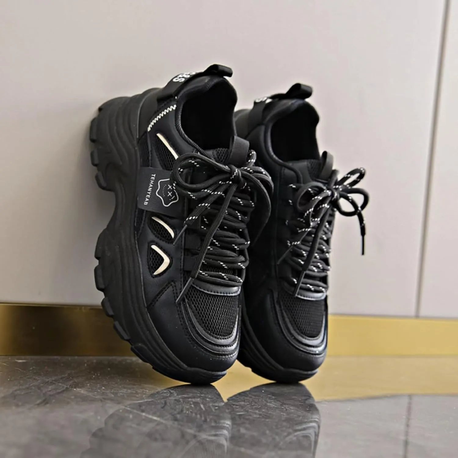 Womens Leather Lace Up Chunky Sneakers Fashion Platform Non-Slip Cute Shoes Casual Dad Walking Driving Travel Shoes