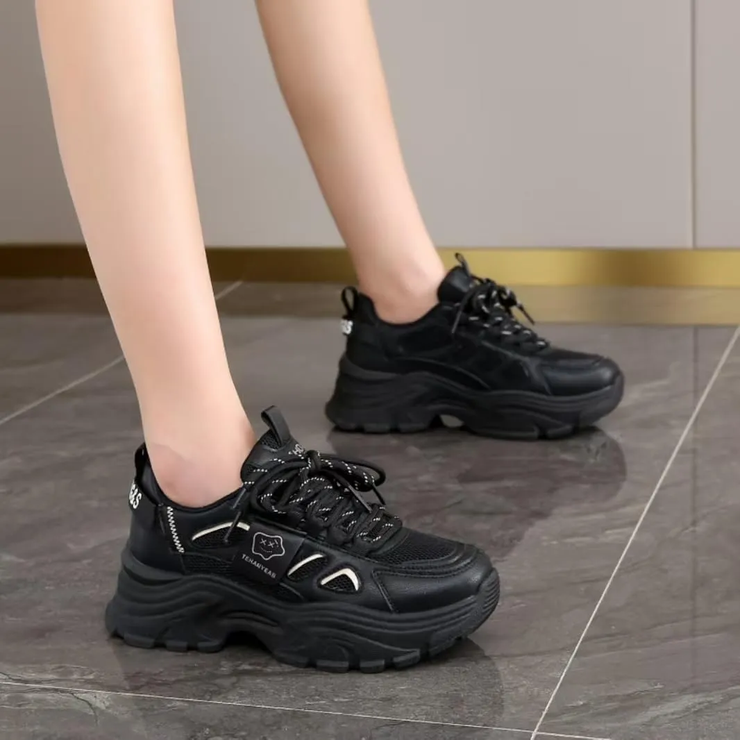 Womens Leather Lace Up Chunky Sneakers Fashion Platform Non-Slip Cute Shoes Casual Dad Walking Driving Travel Shoes
