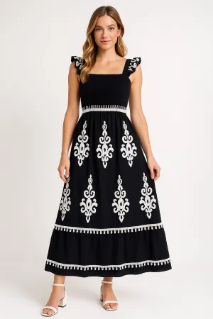 Women's Maxi Dress - Embroidered A-Line - Square Neck - Ruffled Straps - Elegant Fit