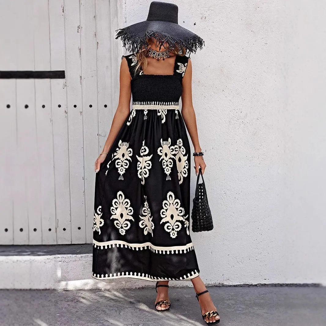Women's Maxi Dress - Embroidered A-Line - Square Neck - Ruffled Straps - Elegant Fit