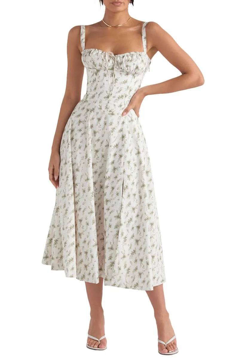 Women's Midi Dress - Corset Bodice - Underwire Cups - Adjustable Straps - A-Line Fit