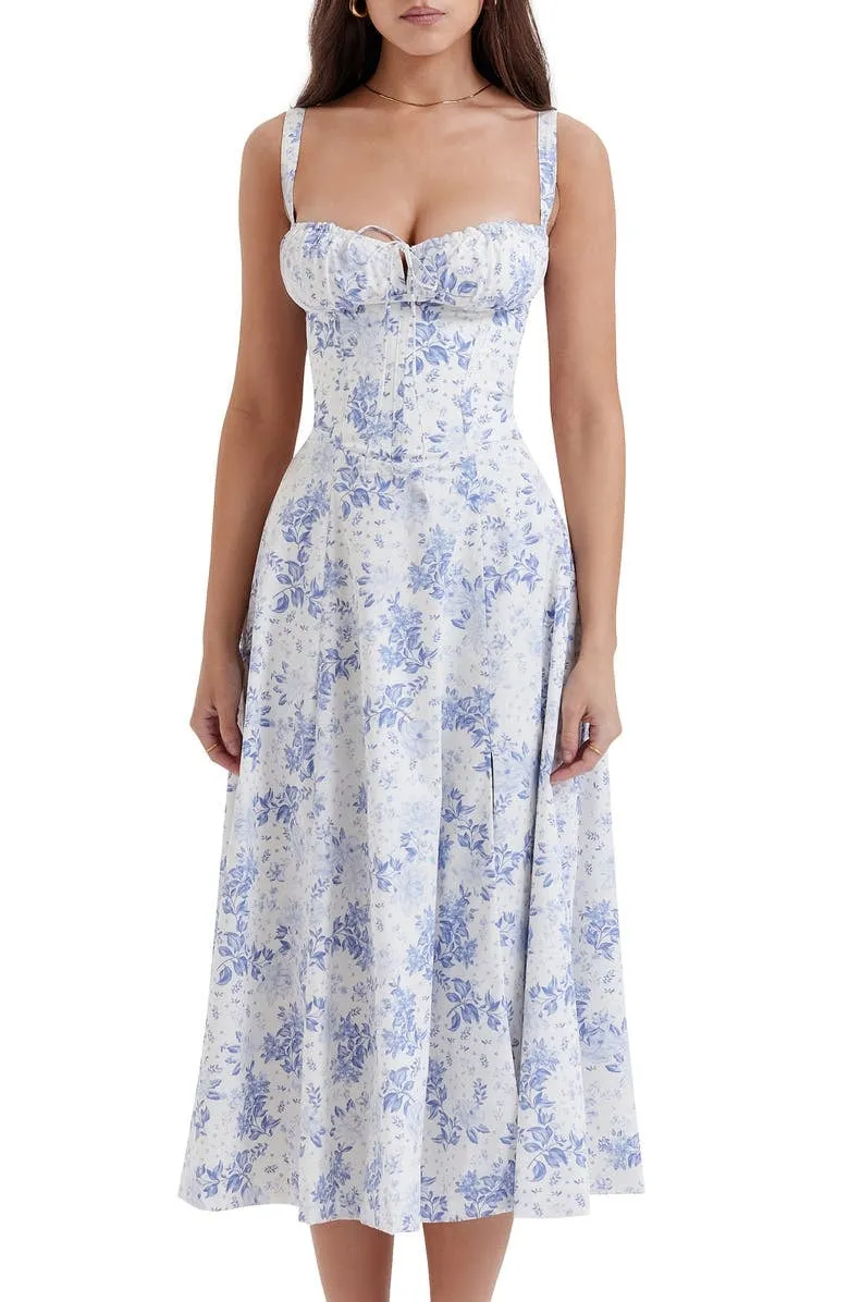 Women's Midi Dress - Corset Bodice - Underwire Cups - Adjustable Straps - A-Line Fit