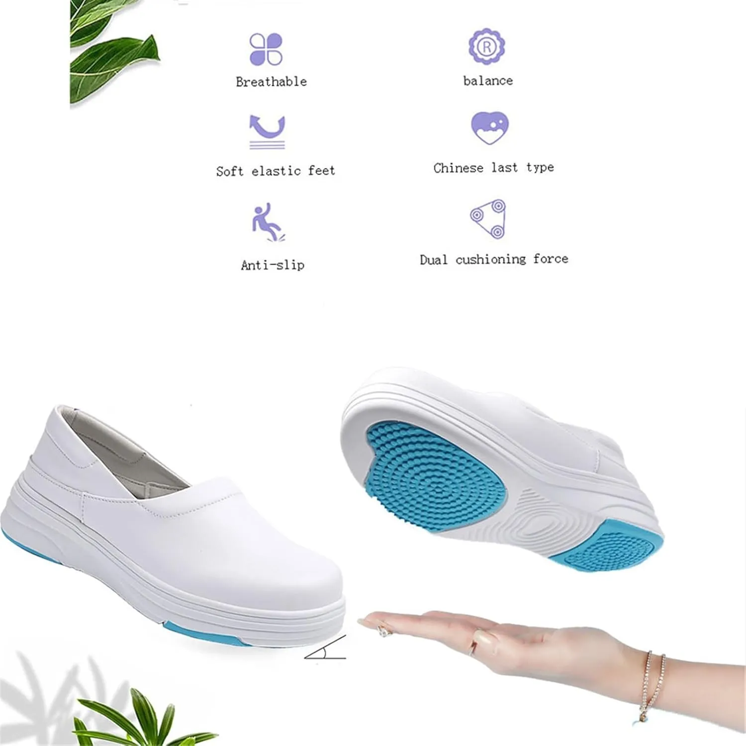 Women's Non Slip Nursing Shoes, Women Comfortable Slip-On Breathable Soft Bottom Leather Nurse Shoes, Fashionable Slip Resistant Non Tiring Feet, for Medical Workers, Doctors