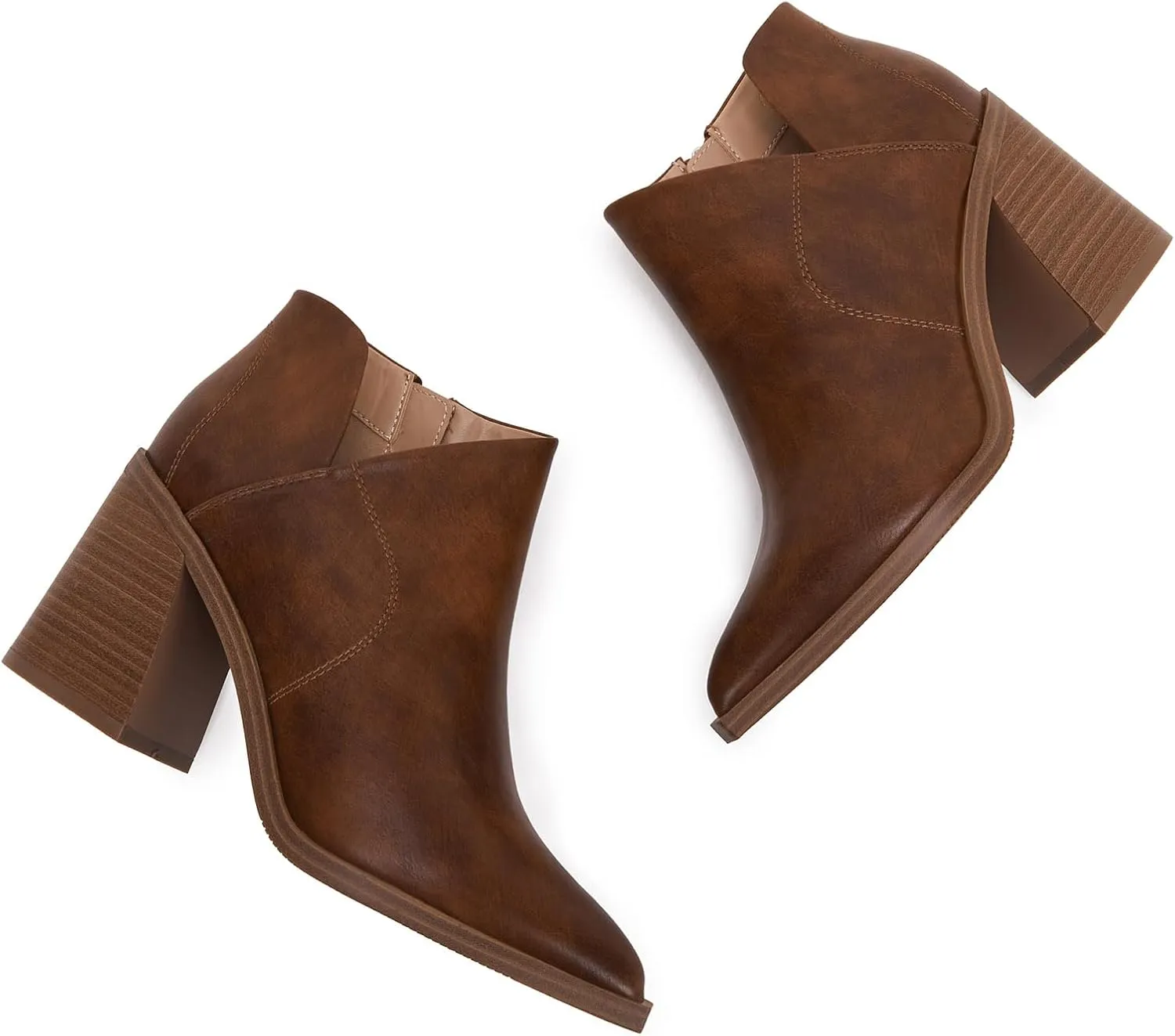 Womens Pointed Toe Ankle Boots Block Stacked Chunky Heel Cutout Side Zipper Fall Booties Shoe