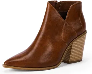 Womens Pointed Toe Ankle Boots Block Stacked Chunky Heel Cutout Side Zipper Fall Booties Shoe