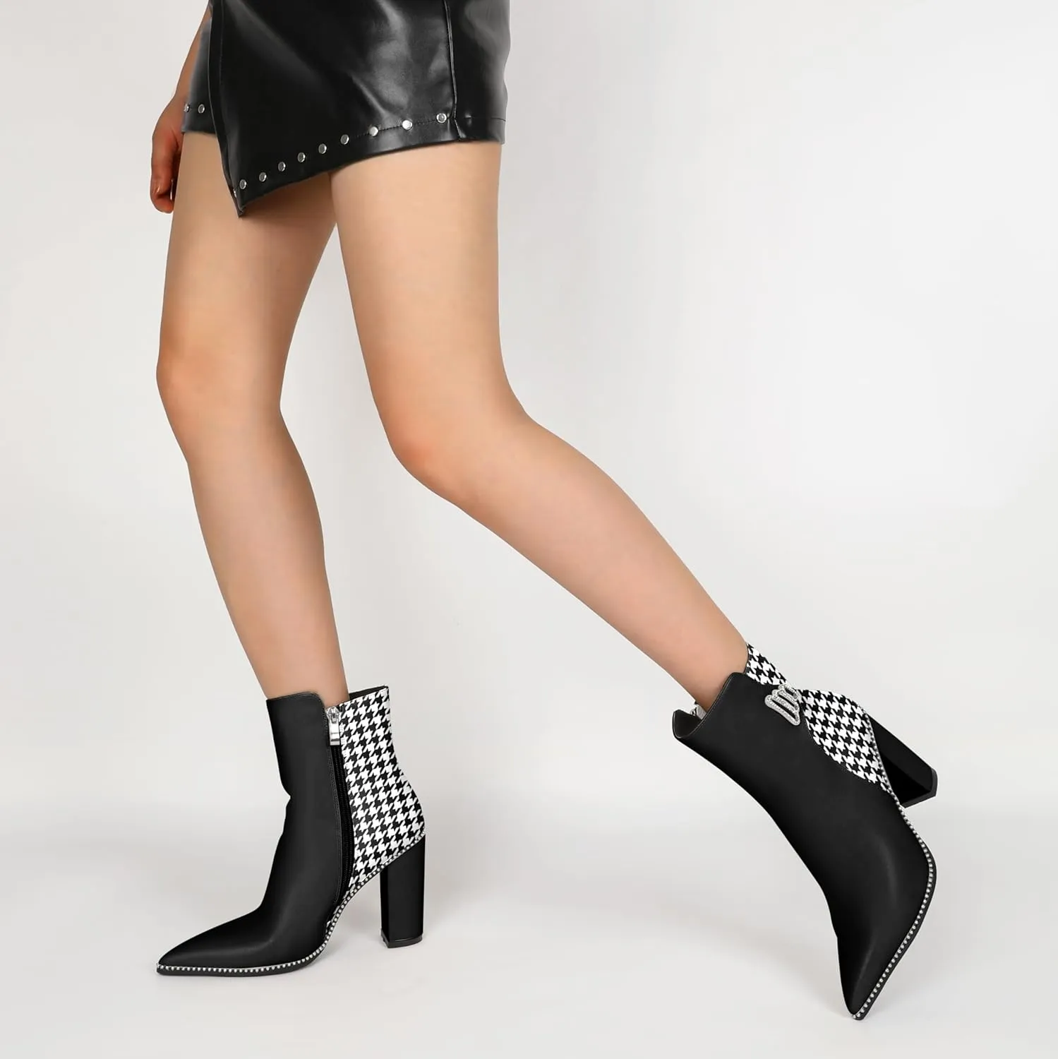 Womens Pointed Toe Beaded Chunky Ankle Boots Side Zipper 3.7 Inches High Heel Short Boots