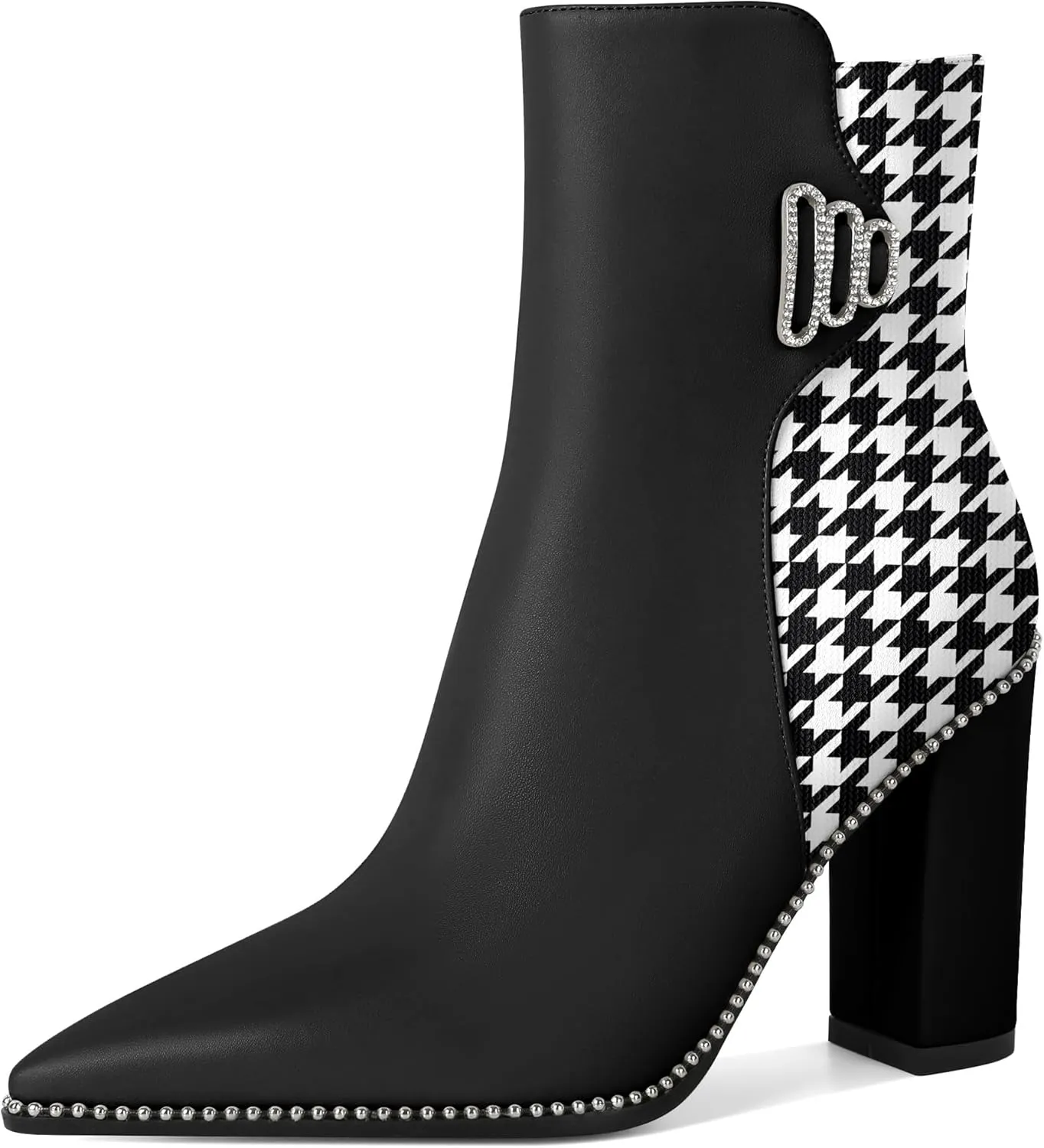 Womens Pointed Toe Beaded Chunky Ankle Boots Side Zipper 3.7 Inches High Heel Short Boots