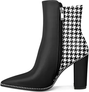 Womens Pointed Toe Beaded Chunky Ankle Boots Side Zipper 3.7 Inches High Heel Short Boots
