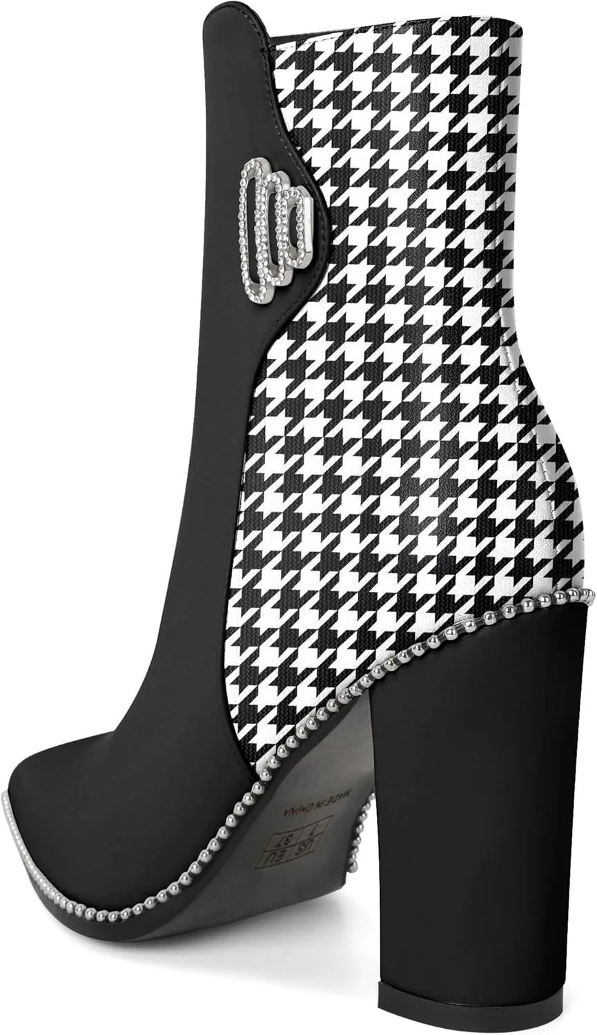 Womens Pointed Toe Beaded Chunky Ankle Boots Side Zipper 3.7 Inches High Heel Short Boots
