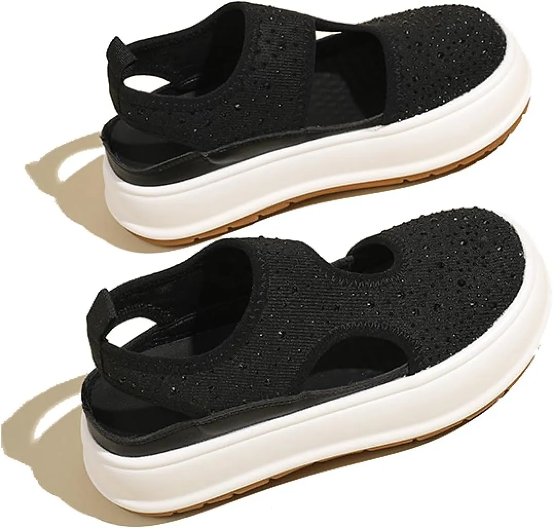 Women's Rhinestones Knit Chunky Platform Roman Sandals Fashion Breathable Hollow Out Closed Round Toe Slip On Increase Height Loafers Summer Outdoor Casual Walking Sneakers