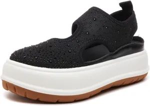 Women's Rhinestones Knit Chunky Platform Roman Sandals Fashion Breathable Hollow Out Closed Round Toe Slip On Increase Height Loafers Summer Outdoor Casual Walking Sneakers