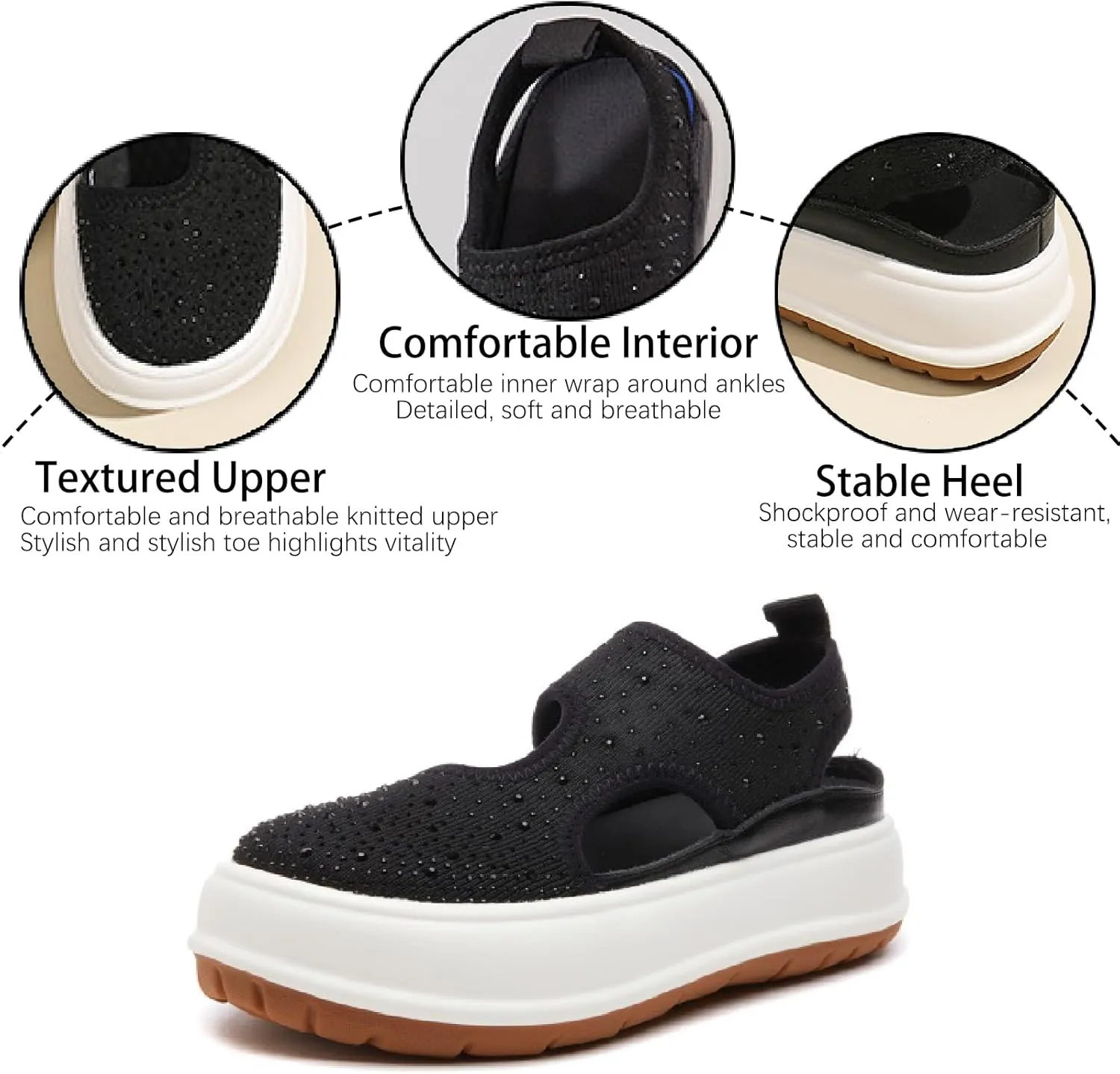 Women's Rhinestones Knit Chunky Platform Roman Sandals Fashion Breathable Hollow Out Closed Round Toe Slip On Increase Height Loafers Summer Outdoor Casual Walking Sneakers