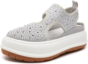 Women's Rhinestones Knit Chunky Platform Roman Sandals Fashion Breathable Hollow Out Closed Round Toe Slip On Increase Height Loafers Summer Outdoor Casual Walking Sneakers