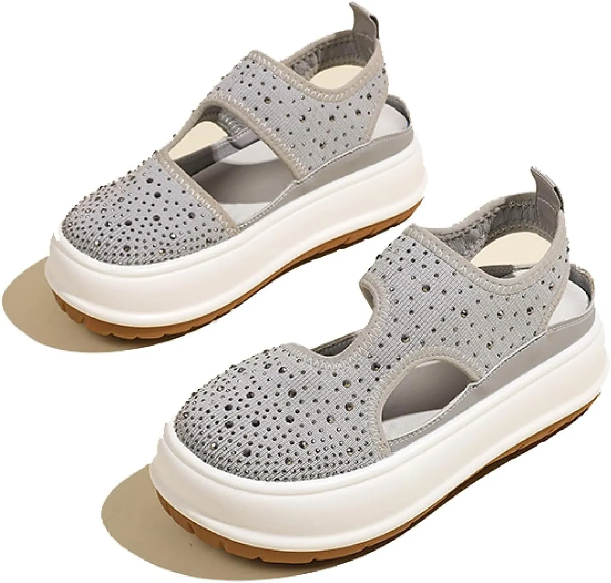 Women's Rhinestones Knit Chunky Platform Roman Sandals Fashion Breathable Hollow Out Closed Round Toe Slip On Increase Height Loafers Summer Outdoor Casual Walking Sneakers