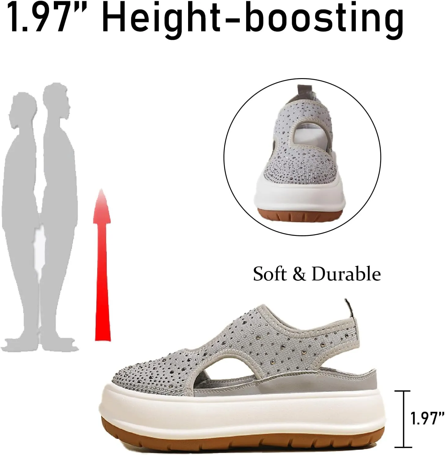 Women's Rhinestones Knit Chunky Platform Roman Sandals Fashion Breathable Hollow Out Closed Round Toe Slip On Increase Height Loafers Summer Outdoor Casual Walking Sneakers