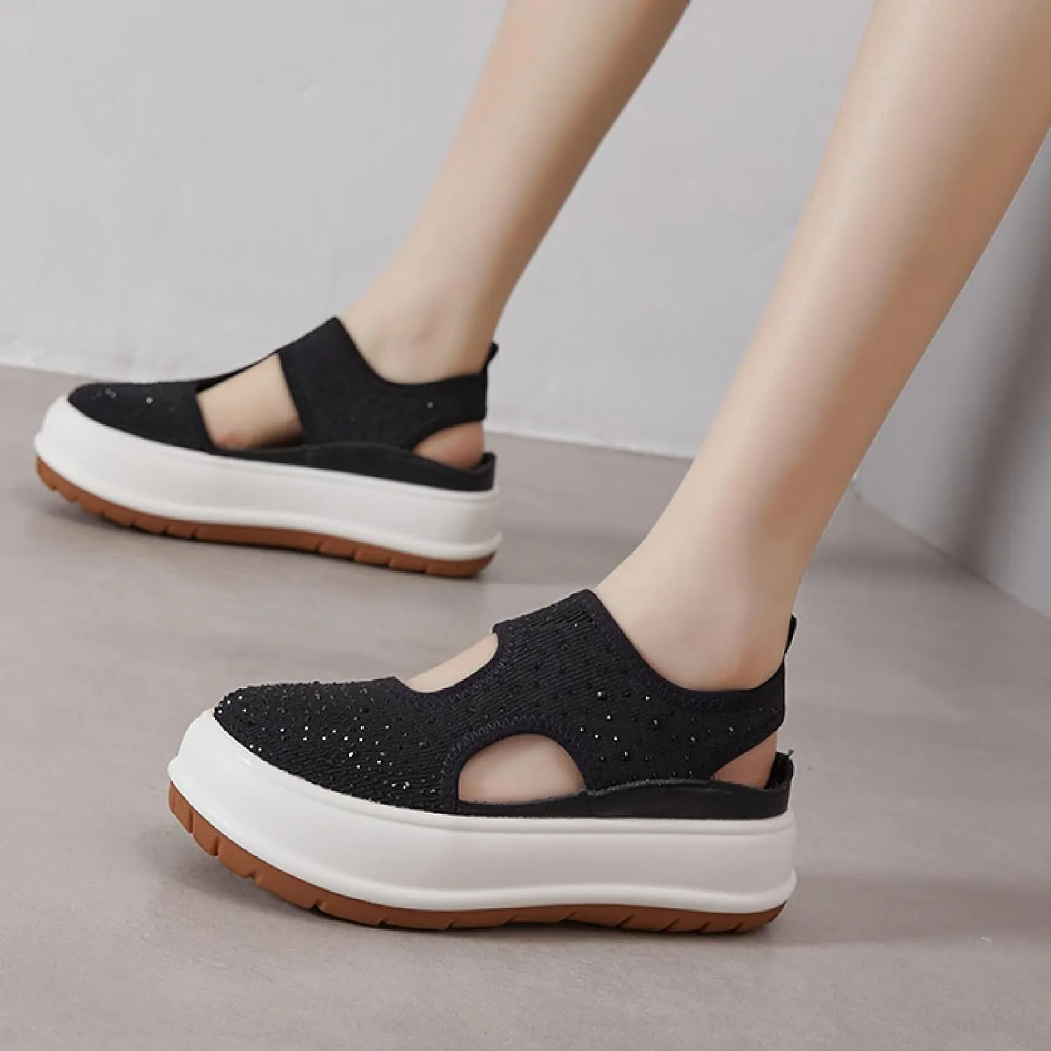 Women's Rhinestones Knit Chunky Platform Roman Sandals Fashion Breathable Hollow Out Closed Round Toe Slip On Increase Height Loafers Summer Outdoor Casual Walking Sneakers