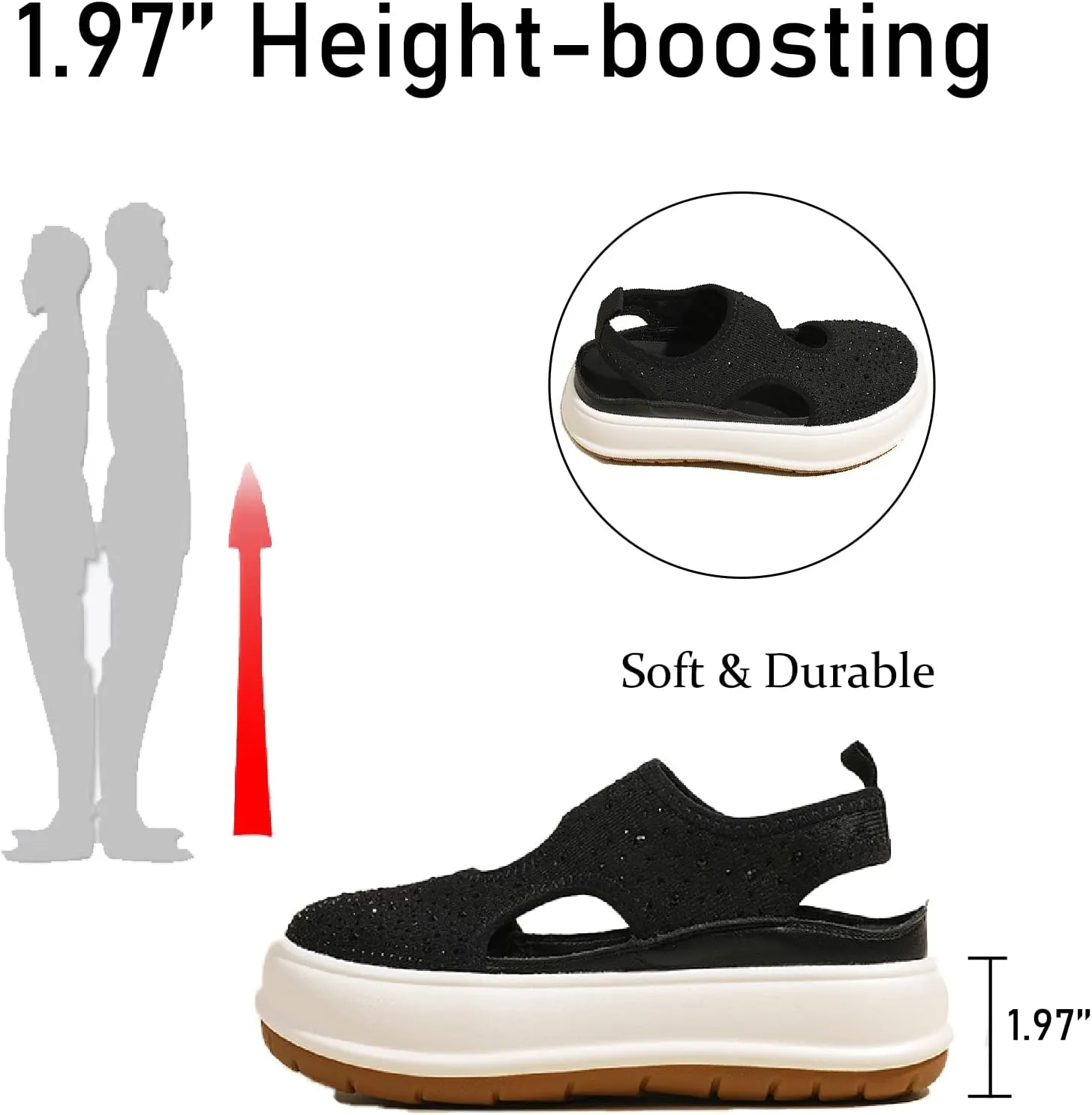 Women's Rhinestones Knit Chunky Platform Roman Sandals Fashion Breathable Hollow Out Closed Round Toe Slip On Increase Height Loafers Summer Outdoor Casual Walking Sneakers