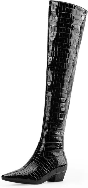 Women's Sexy Crocodile Over The Knee High Boots Low Heel Long Fall Boots