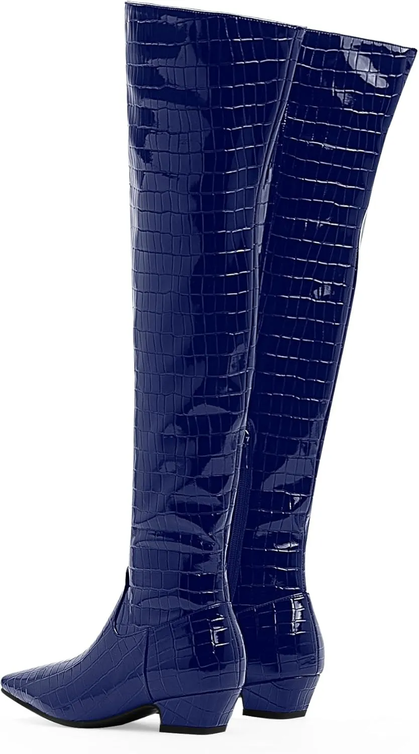 Women's Sexy Crocodile Over The Knee High Boots Low Heel Long Fall Boots