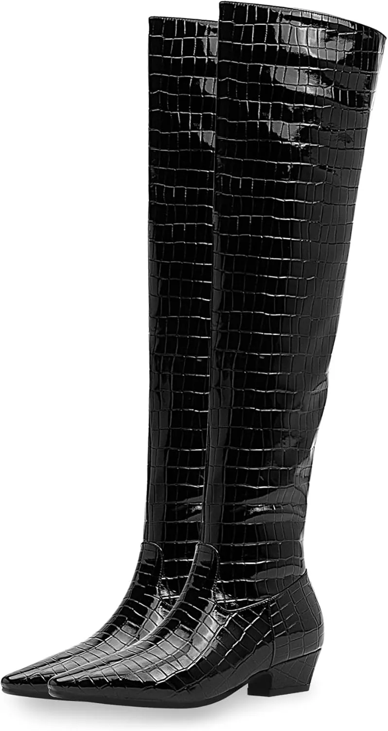Women's Sexy Crocodile Over The Knee High Boots Low Heel Long Fall Boots