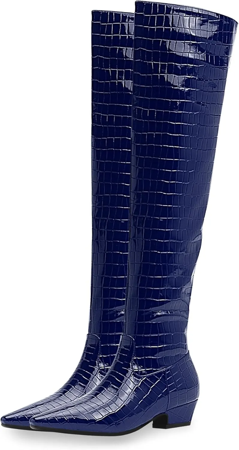 Women's Sexy Crocodile Over The Knee High Boots Low Heel Long Fall Boots