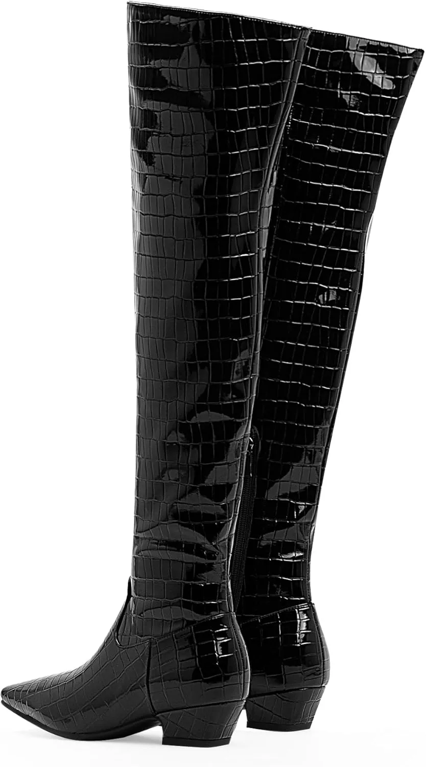 Women's Sexy Crocodile Over The Knee High Boots Low Heel Long Fall Boots